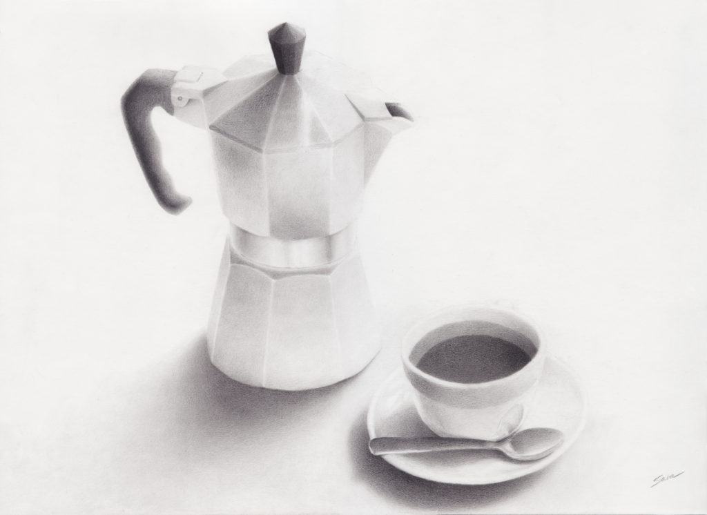 drawing of caffettiera and cup filled with coffee